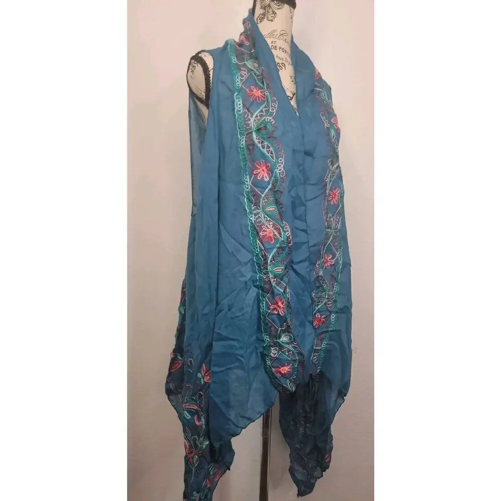 Pretty Angel Kimono Cardigan One Size Linen Blend Floral Embroidered Asymmetric